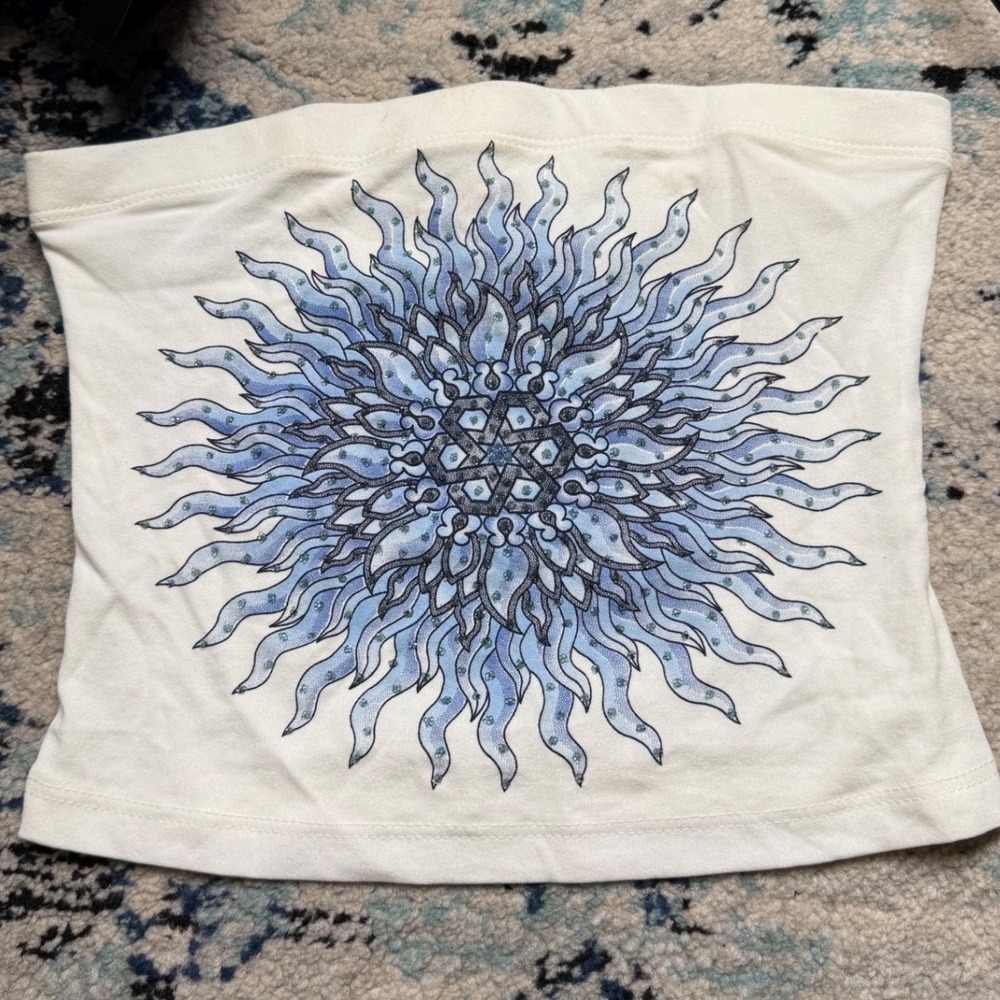 Vintage Venus Y2K Tube Top Small White Blue Mandala Sun Graphic